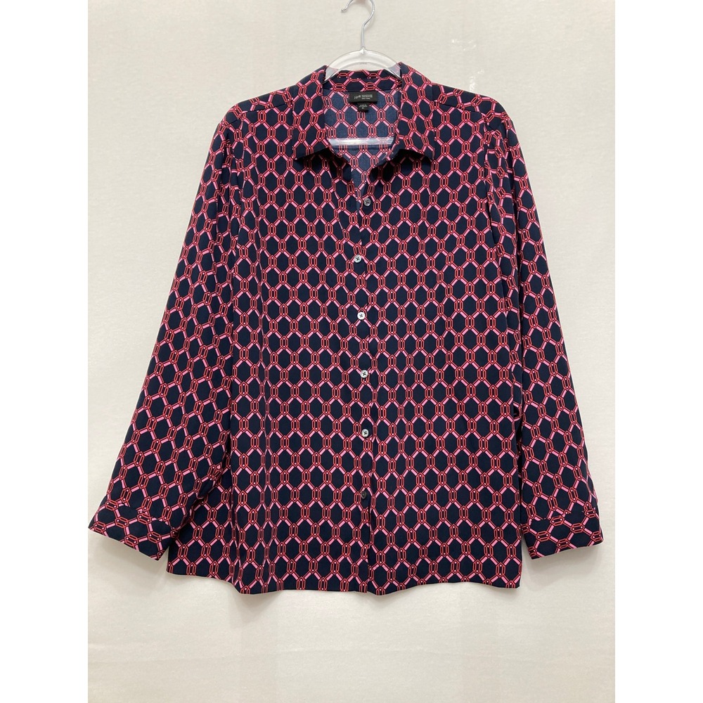 J. Jill Wearever Button Down Shirt XL Navy Red Geometric Chain Stretch Preppy
